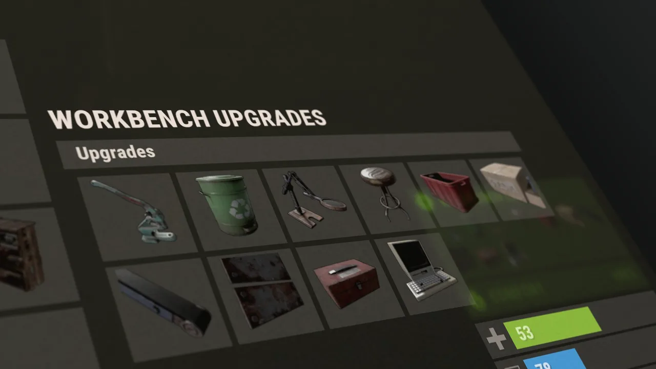 Панель Workbench Upgrades в Rust с ячейками апгрейдов верстака: обжимной инструмент, бак ресайклера, ноутбук