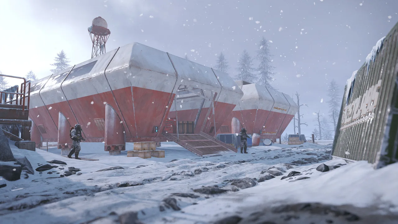 Заснеженные модули Арктической исследовательской базы в Rust среди сугробов и замёрзших скал северного биома