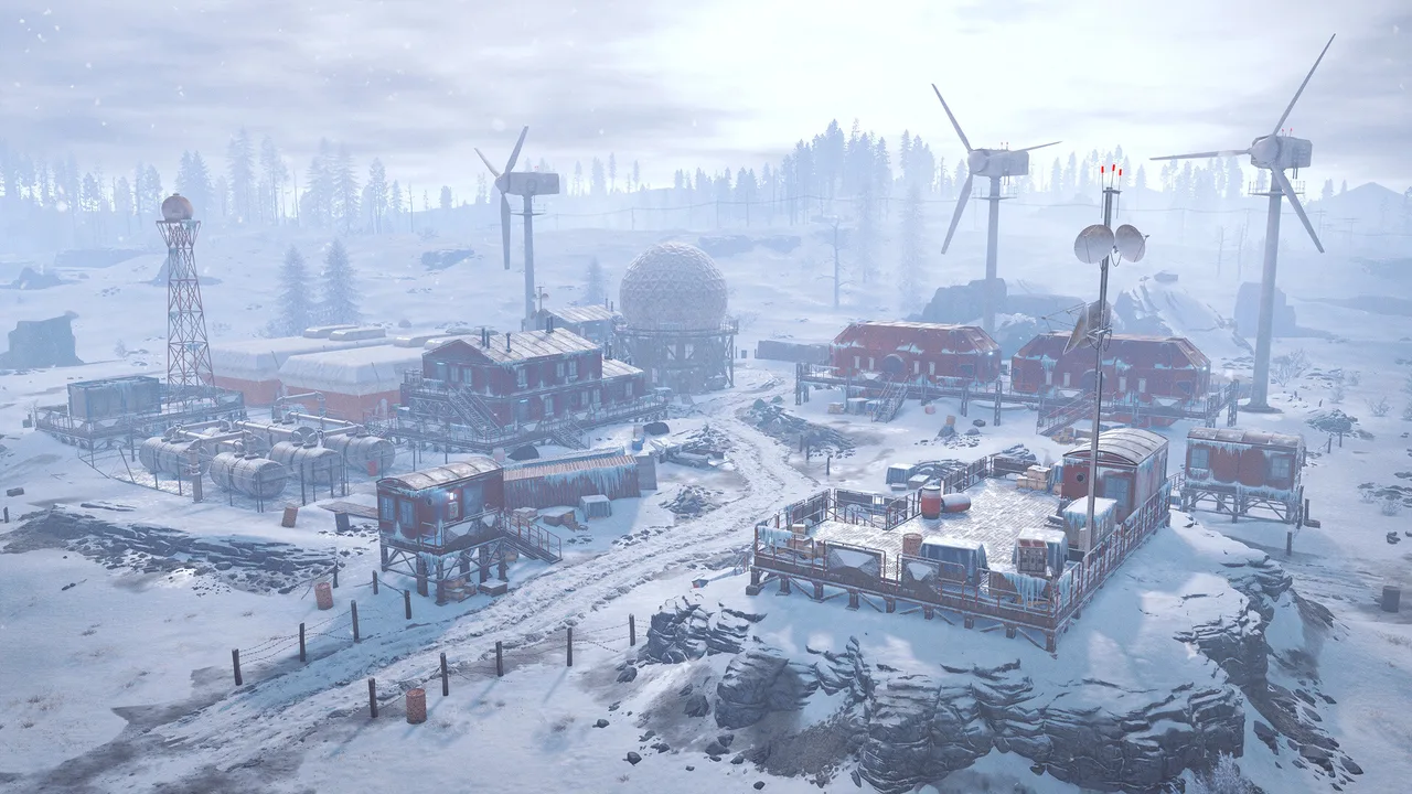 Арктическая исследовательская база в Rust с высоты: заснеженные модули на сваях, купол радара и ветрогенераторы