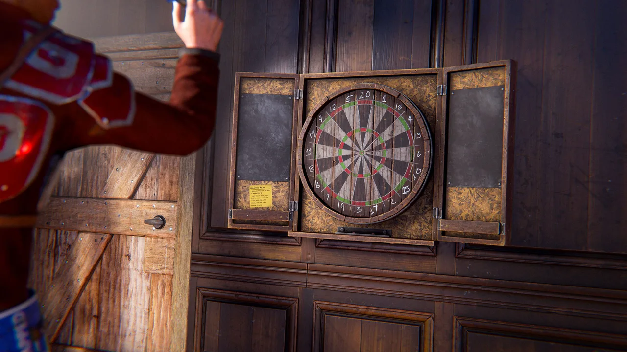 Мишень для дартса из Bar Games Pack в Rust: деревянный шкафчик с грифельными створками и памяткой с правилами игры сбоку