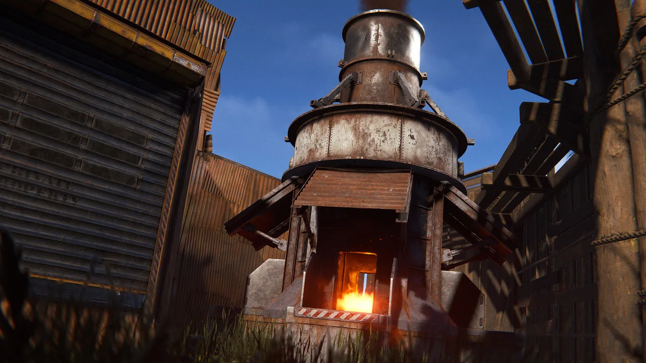 Большая печь в Rust с горящей топкой во дворе базы — переплавка добытой руды в металл