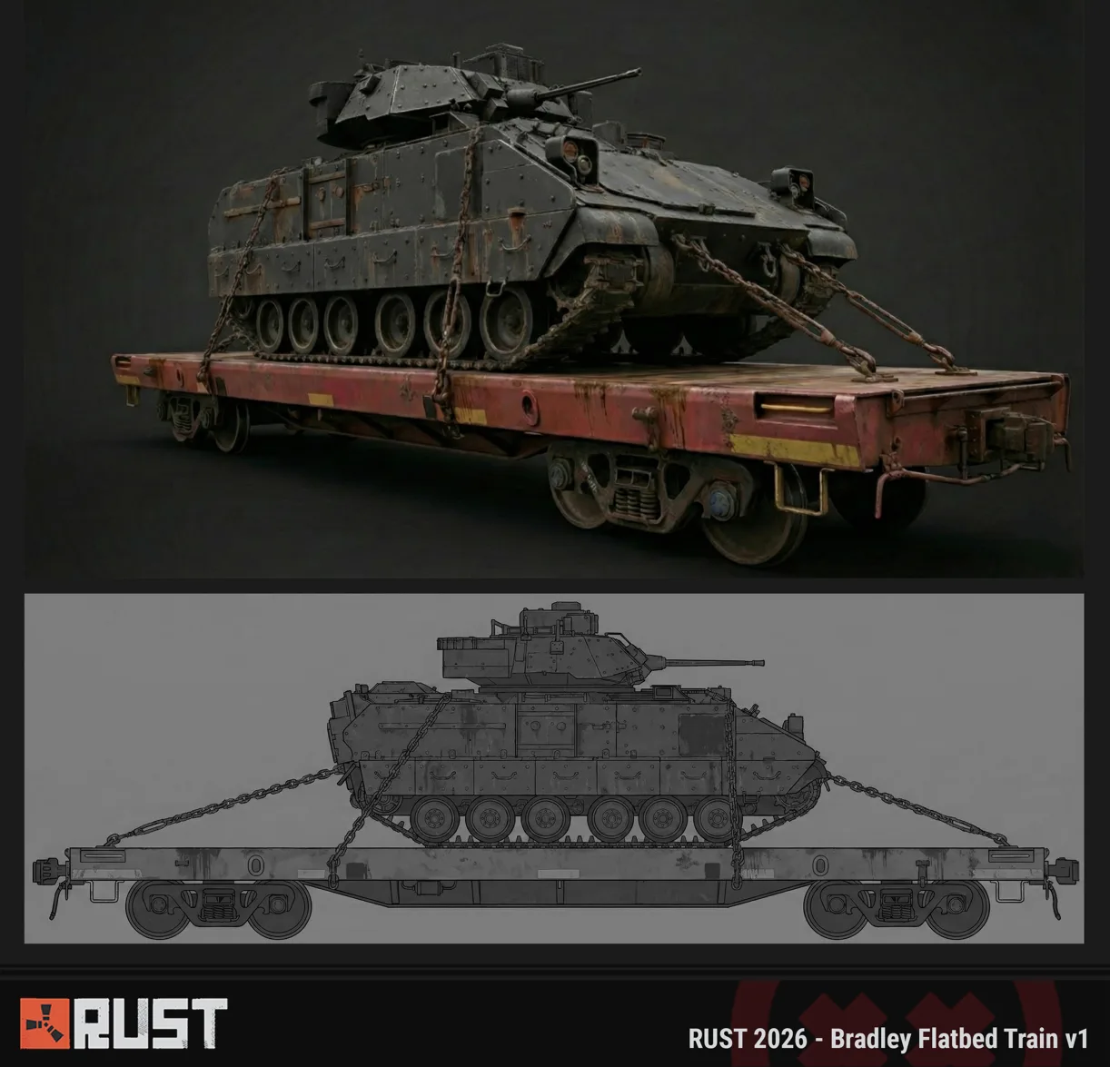 Концепт-арт Rust: бронемашина Брэдли, закреплённая цепями на красной железнодорожной платформе, вид сбоку и схема