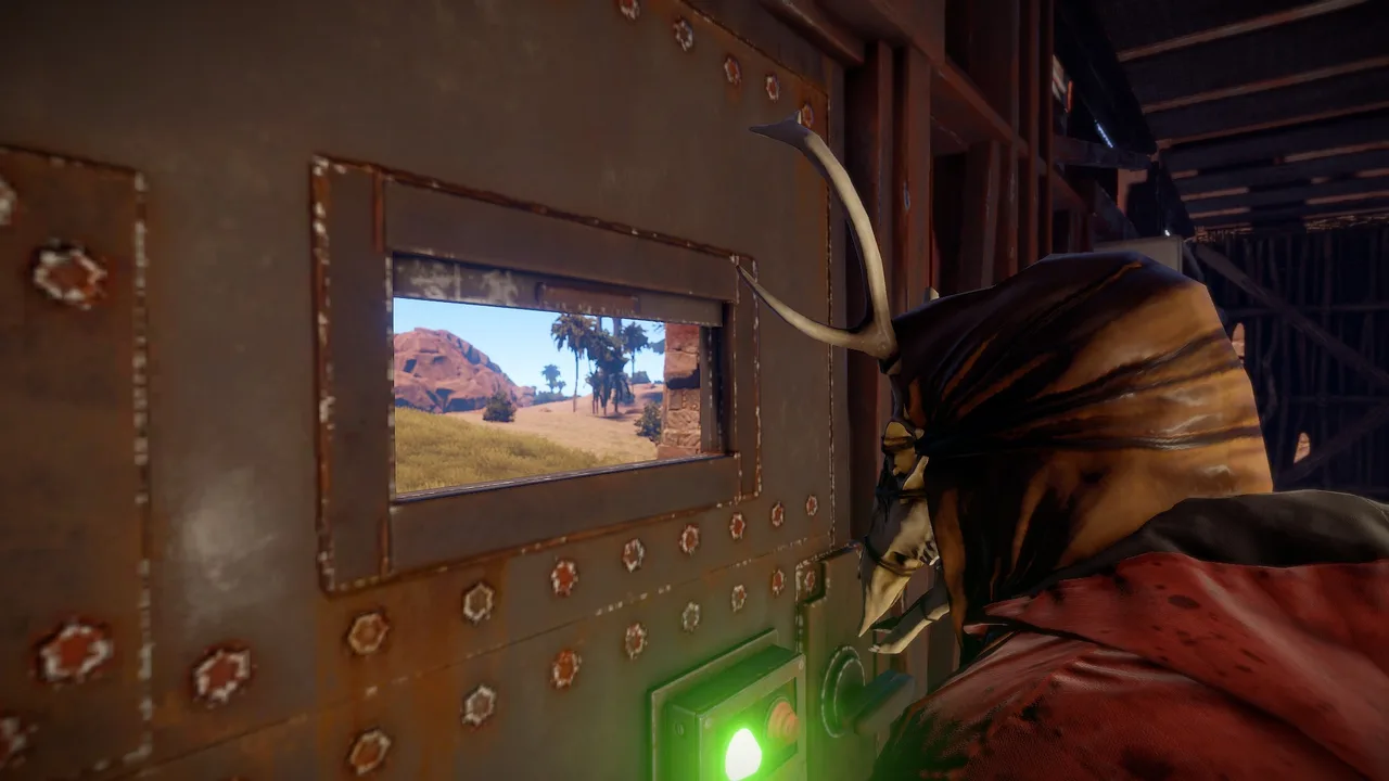 Бронированная дверь и люк в базе Rust: тёмный проём с металлической рамой и лестницей вниз в укреплённое помещение
