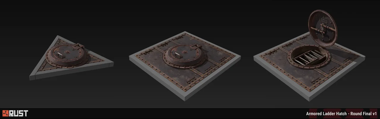 Концепт-арт бронированного люка с лестницей в Rust: три ракурса ржавой круглой крышки на бетонном фундаменте