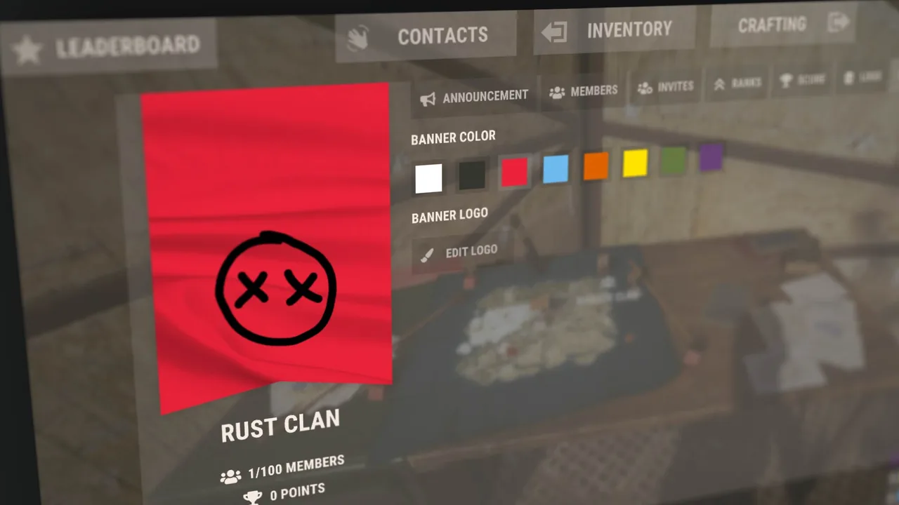 Интерфейс клана в Rust: вкладка рангов со списком должностей и колонкой чекбоксов прав на приглашение, кик и повышение