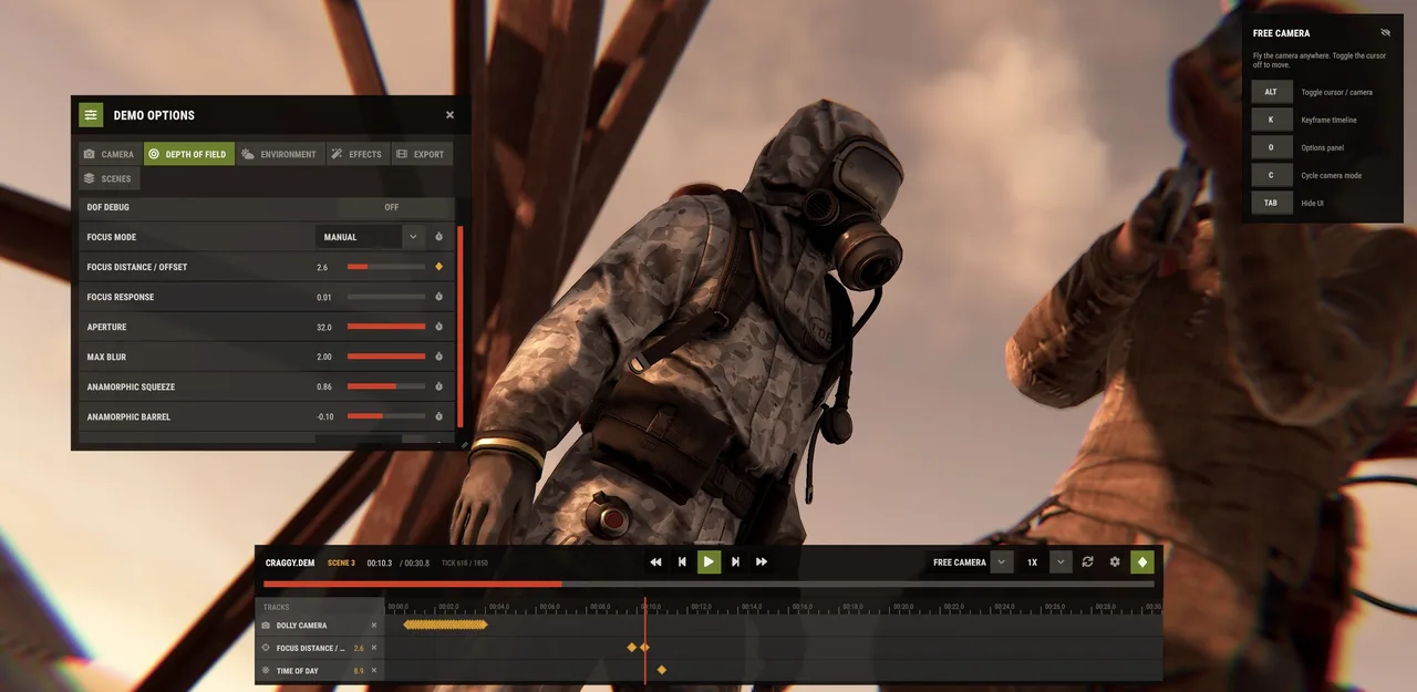 Интерфейс Demo UI 2.0 в Rust: таймлайн записи, панель управления камерой и список игроков на тёмном фоне