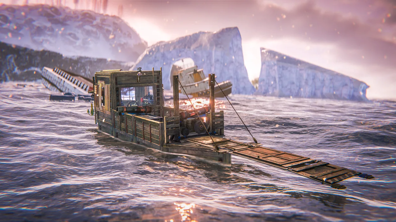 Самодельная десантная лодка Rust с опущенным трапом в холодном море, позади айсберги и затонувший буксир