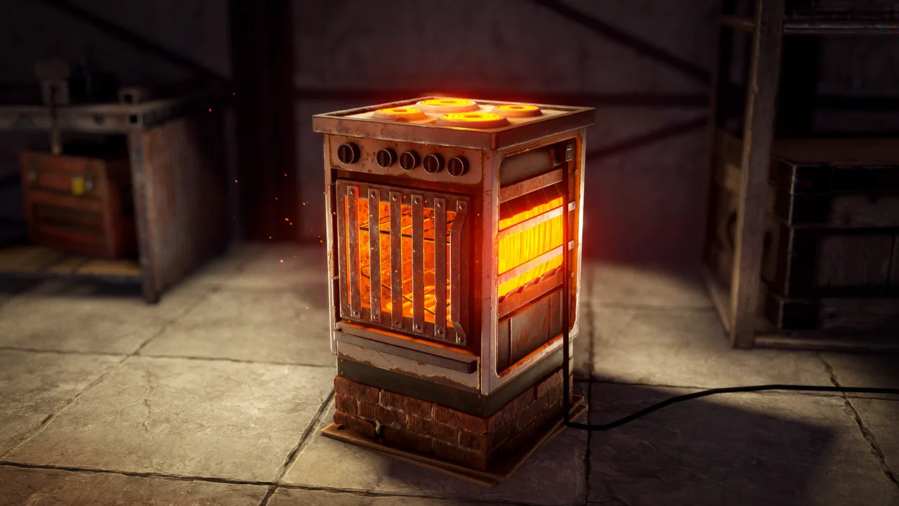 Электропечь в Rust: раскалённые докрасна спирали внутри ржавого корпуса, кабель питания уходит по бетонному полу к сети базы