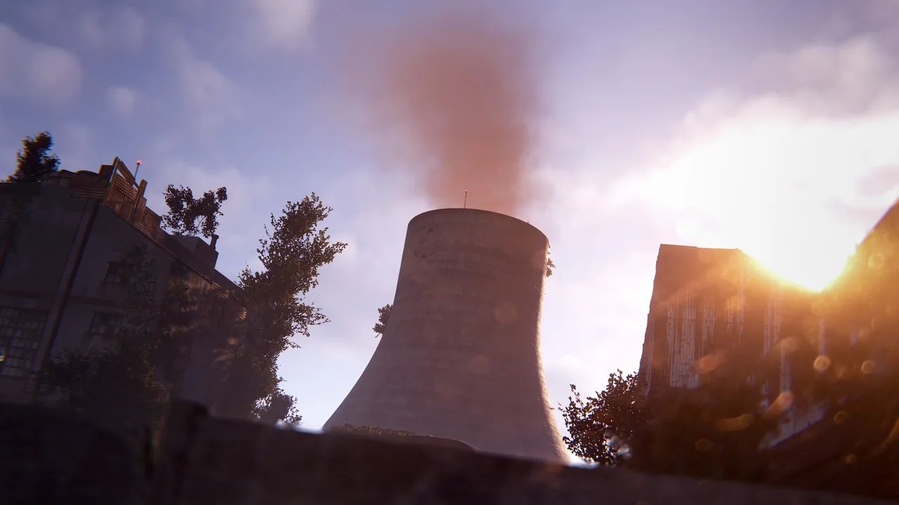Градирня электростанции Rust на закате — монумент, где за синей дверью пазла лежит красная карта доступа