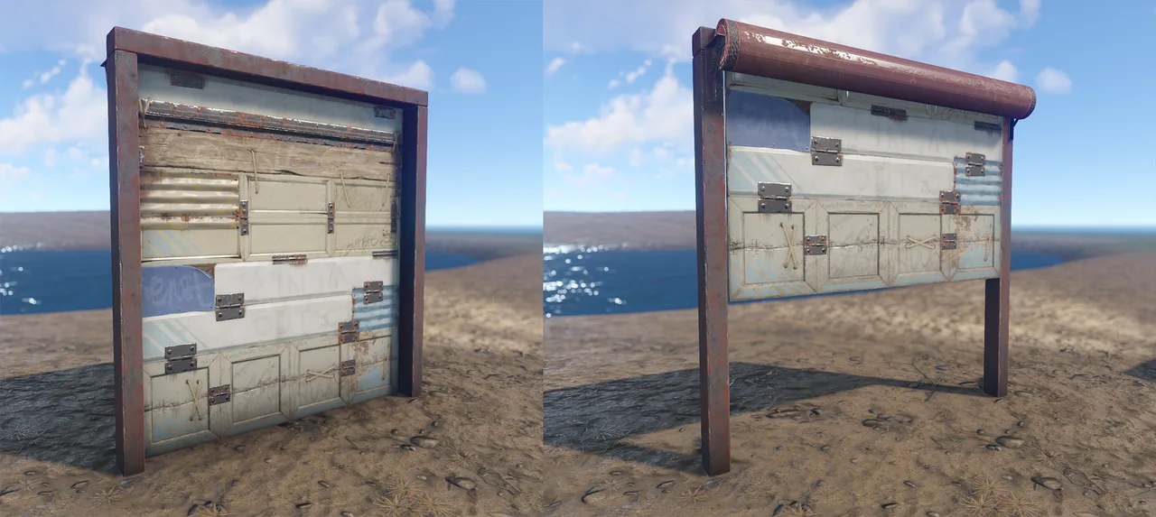 Гаражная дверь Rust в металлической раме: слева закрытая из листов металла, справа поднятая в рулон под верхней балкой