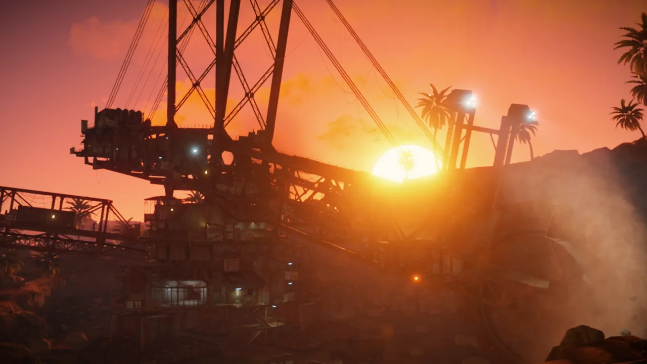 Гигантский экскаватор в Rust на закате: тёмный силуэт роторной машины с ковшовым колесом и подсветкой в пыльной чаше карьера