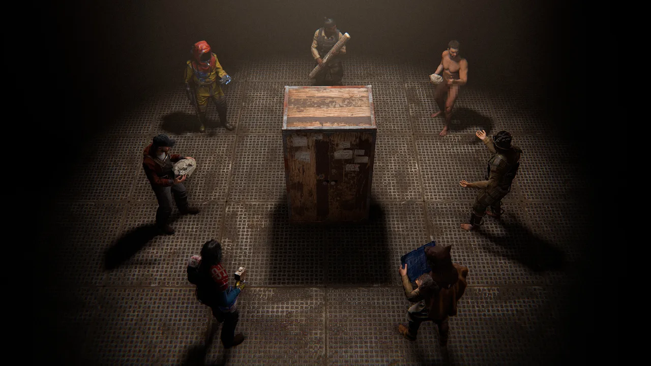 Семь игроков Rust в разной экипировке стоят кругом у деревянного шкафа с инструментами в тёмном бетонном помещении