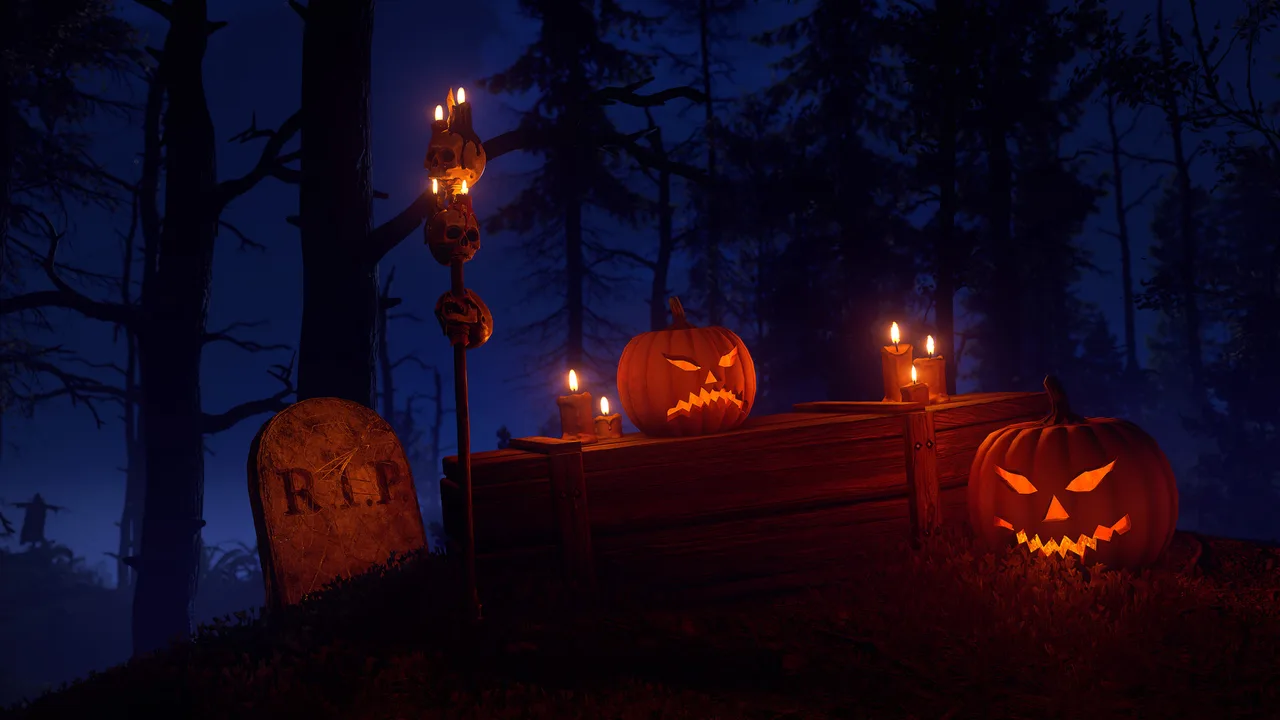 Хэллоуинский декор Rust ночью в лесу: тыквы с вырезанными лицами, гроб со свечами, надгробие RIP и посох с черепами