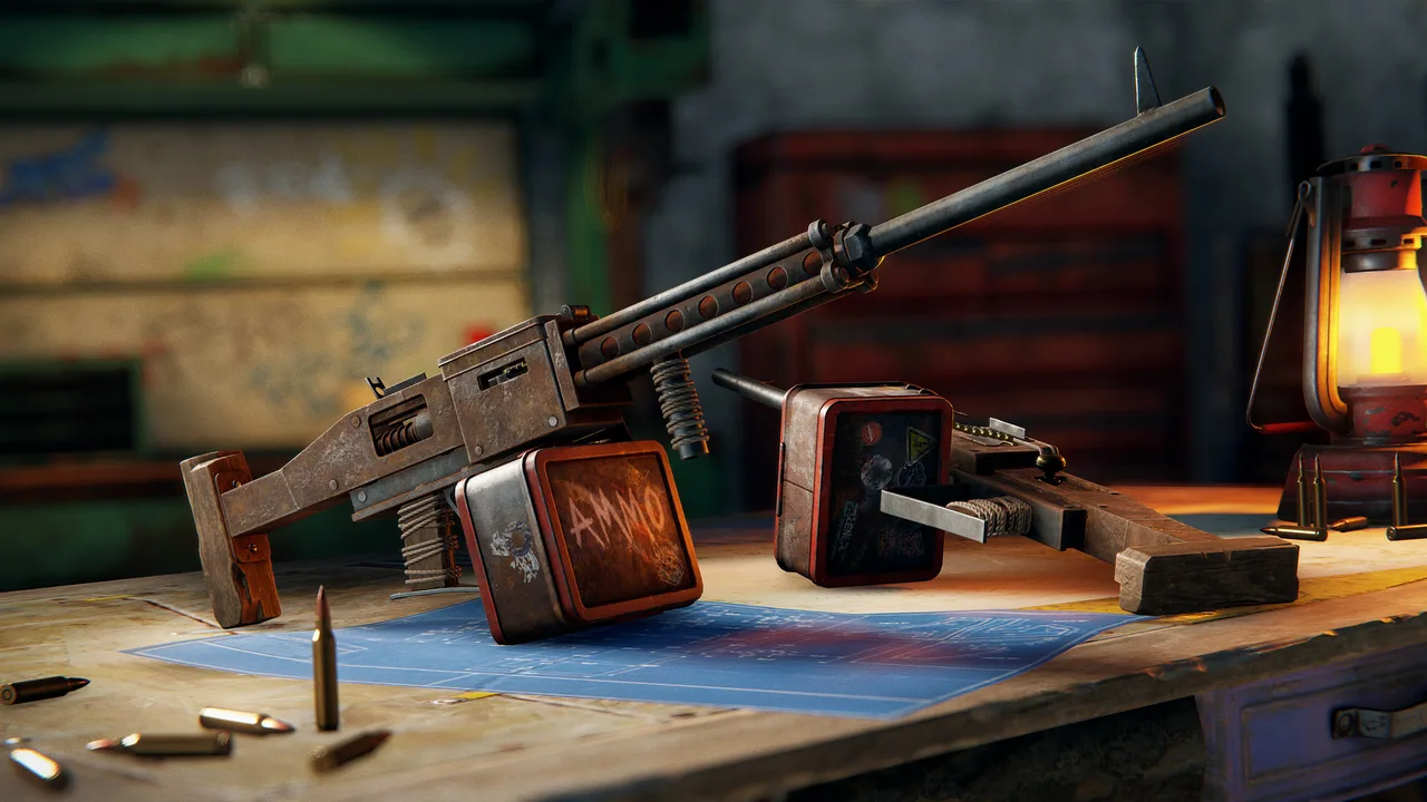 Самодельный пулемёт HMLMG в руках игрока Rust: ленточное питание, сварной корпус и открытый прицел