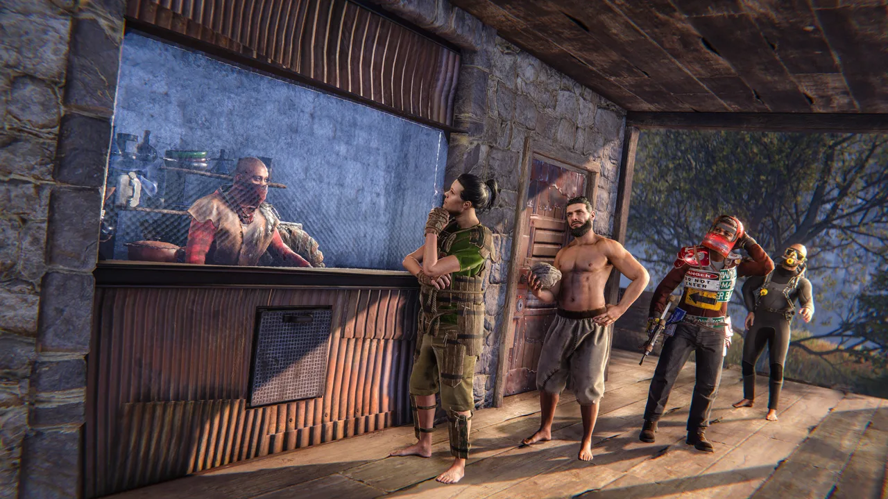 Четверо игроков Rust выстроились у металлического окна каменной базы, за стеклом стоит хозяин в красной маске