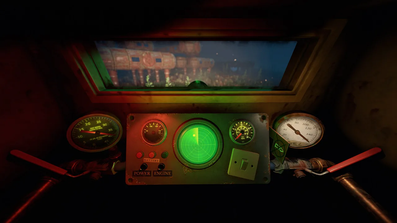 Кабина двухместной подлодки Rust: глубиномер, зелёный экран сонара и спидометр, в иллюминаторе подводная лаборатория