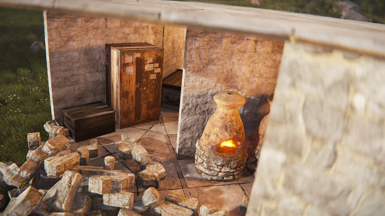 Интерьер каменной базы в Rust: шкаф с инструментами, ящики и горящая печь за стеной, слева обломки разрушенного каменного блока