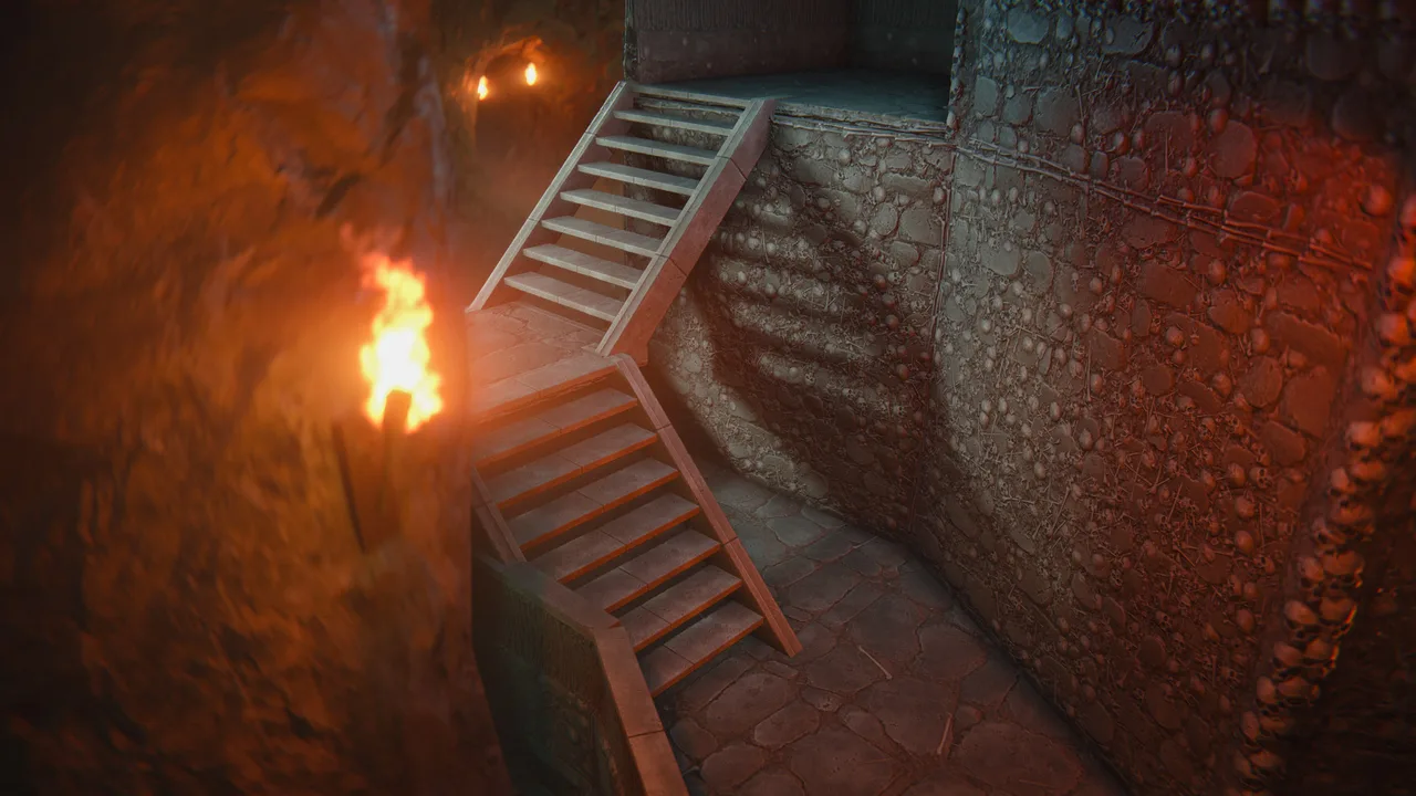 Каменная лестница с площадкой вдоль стены из черепов в базе Rust со скином Crypt, слева горит факел