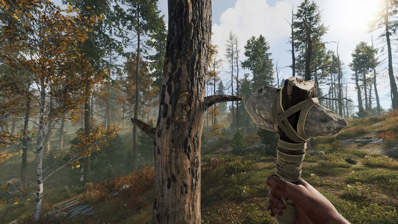 Каменный топор в руке игрока Rust перед стволом дерева в осеннем лесу — базовый инструмент первых минут вайпа