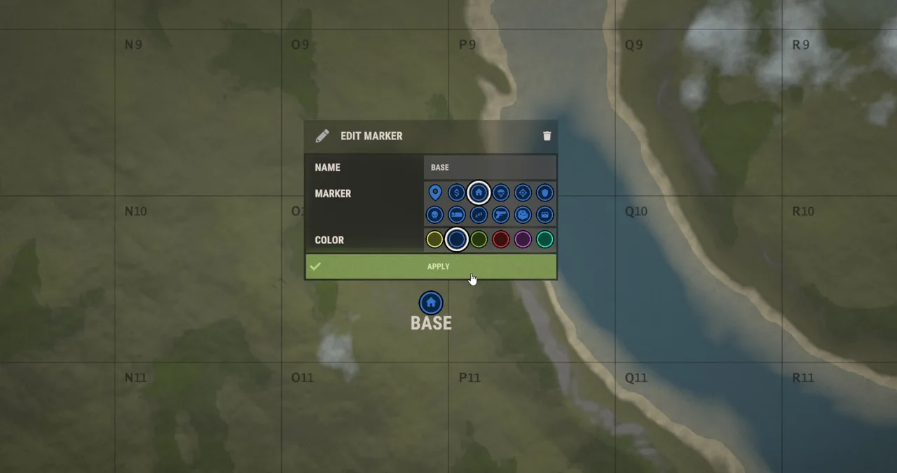 Открытая карта Rust с меткой базы: игрок выбирает значок, цвет и подпись для отметки своего дома на острове