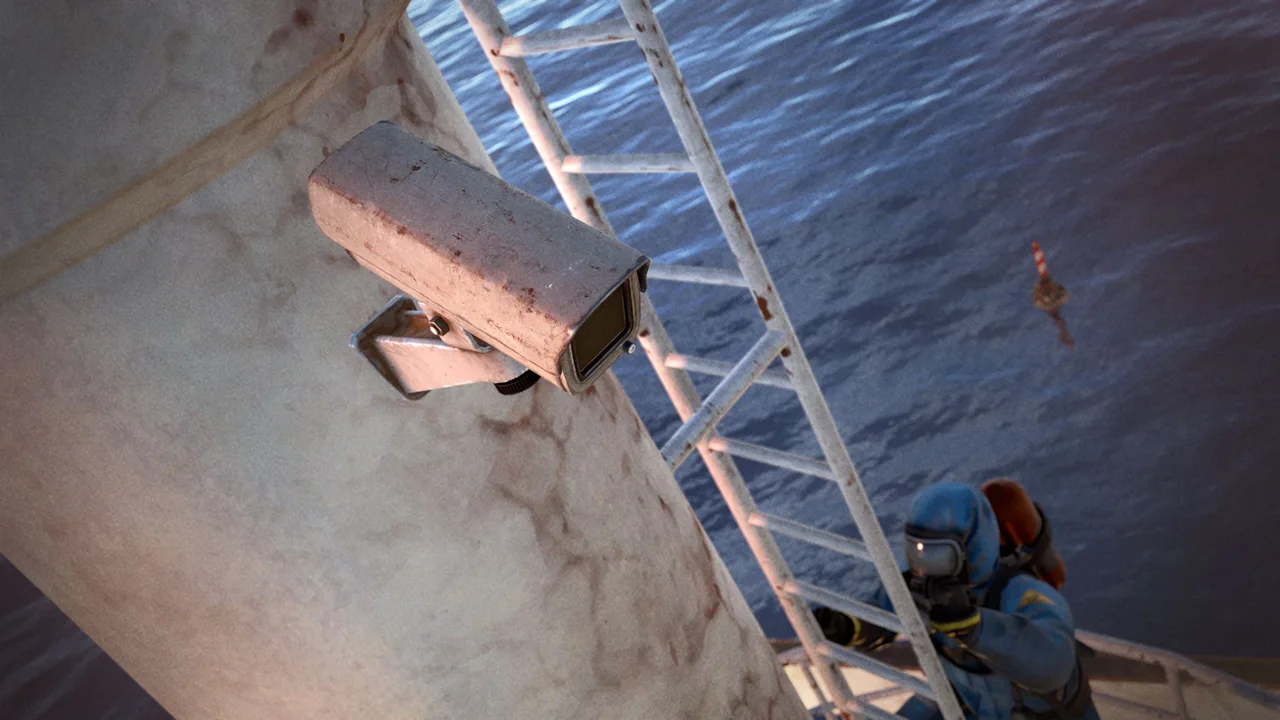 Вид с камеры наблюдения на палубу грузового корабля в Rust: контейнеры, краны и жёлтая разметка в режиме CCTV
