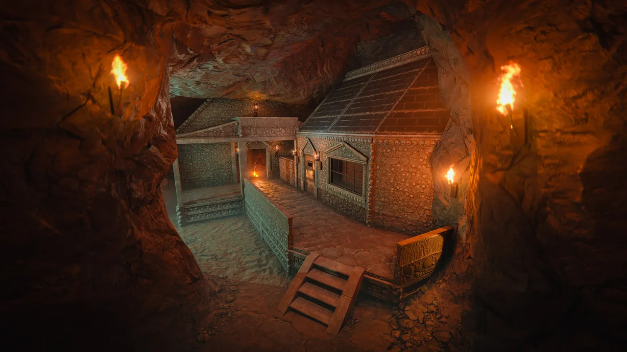 Компактная каменная база Rust в пещере: внешние стены, дверь и лестница у входа, освещённые факелами