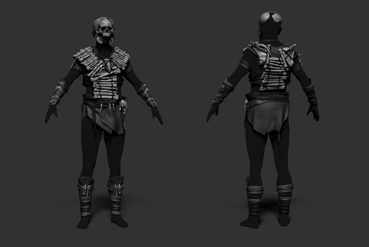 Модель костяной брони Rust спереди и сзади: черепной шлем, костяной нагрудник, наручи и обмотки на голенях