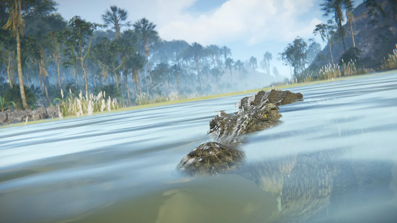 Крокодил в мутной речной воде джунглей Rust: массивная тёмная туша с открытой пастью среди тропической растительности у берега
