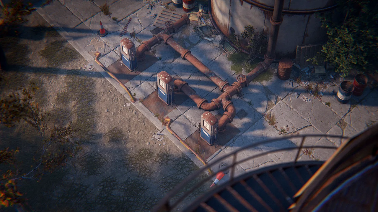 Насосы и ржавые трубы на монументе Купол в Rust, вид сверху — оборудование, которое запускают игроки