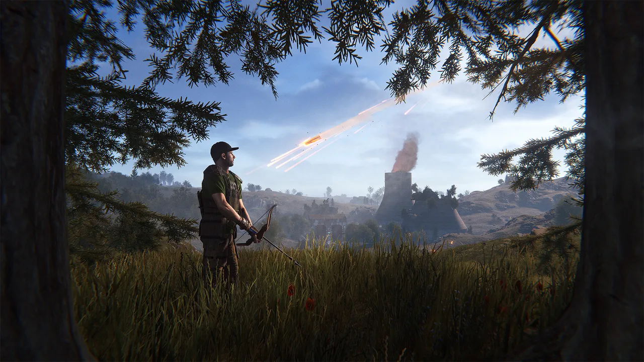 Спутник входит в атмосферу над островом в Rust — выживший с луком наблюдает падение с холма