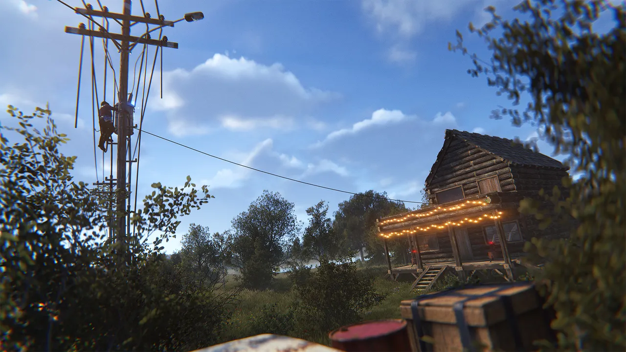 Столб линии электропередач с трансформатором в Rust — игрок забирается наверх без лестницы