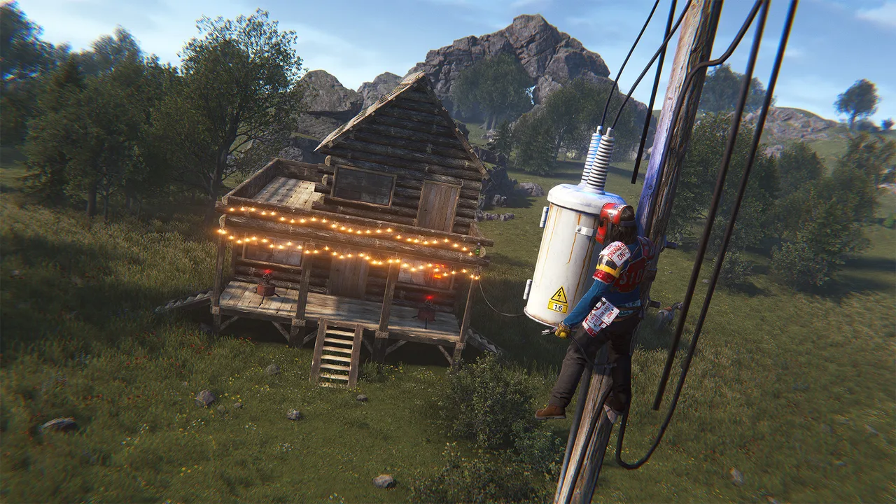 Линии электропередачи в Rust: деревянные столбы ЛЭП с проводами тянутся через холмы острова к электростанции