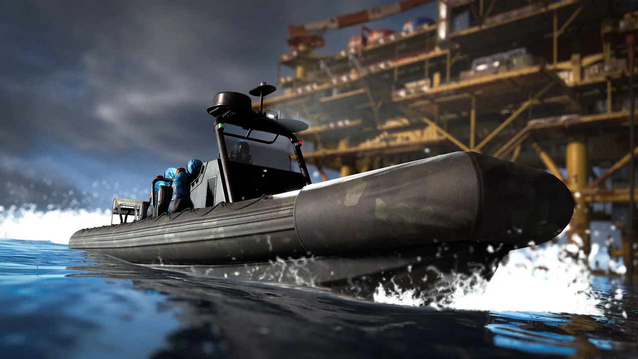Надувная лодка RHIB с экипажем учёных в синей химзащите несётся по волнам мимо опор Нефтяной вышки в Rust