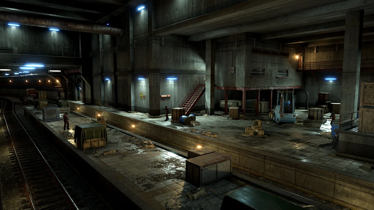 Подземная станция метро в Rust: бетонная платформа с рельсами, лестницей наверх и ящиками лута под жёлтыми лампами