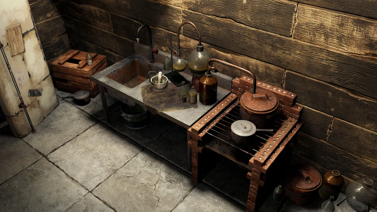 Стол для смешивания в Rust с загруженными ягодами и готовыми кружками чая внутри деревянной базы