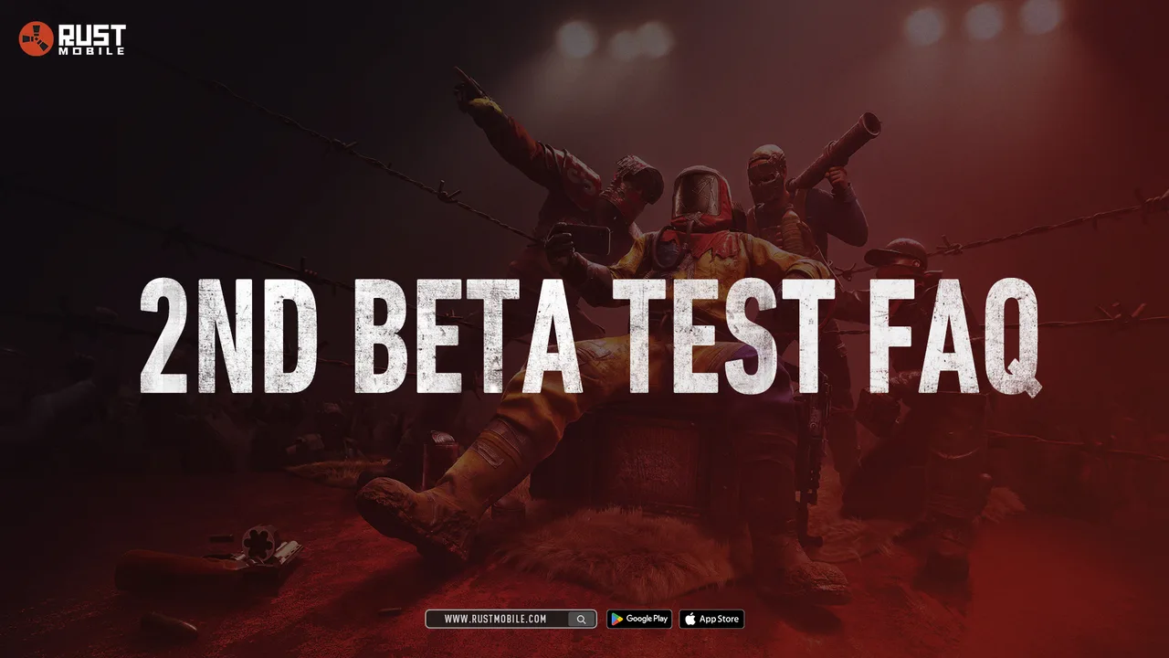 Ключевой арт второго бета-теста Rust Mobile: выжившие с ракетницей и автоматом за колючей проволокой в красной подсветке и надпись 2nd Beta Test FAQ
