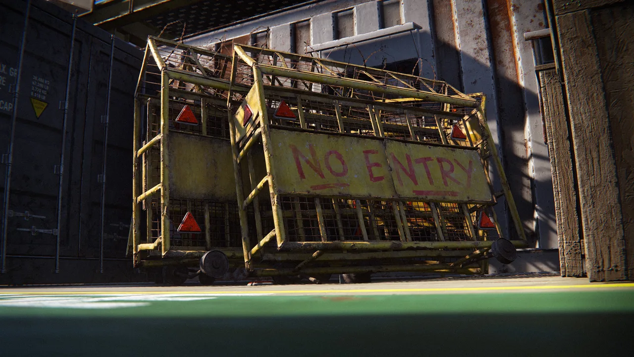Монумент-блокер в Rust: жёлтые передвижные ограждения с колючей проволокой и надписью No Entry перекрывают вход в здание монумента