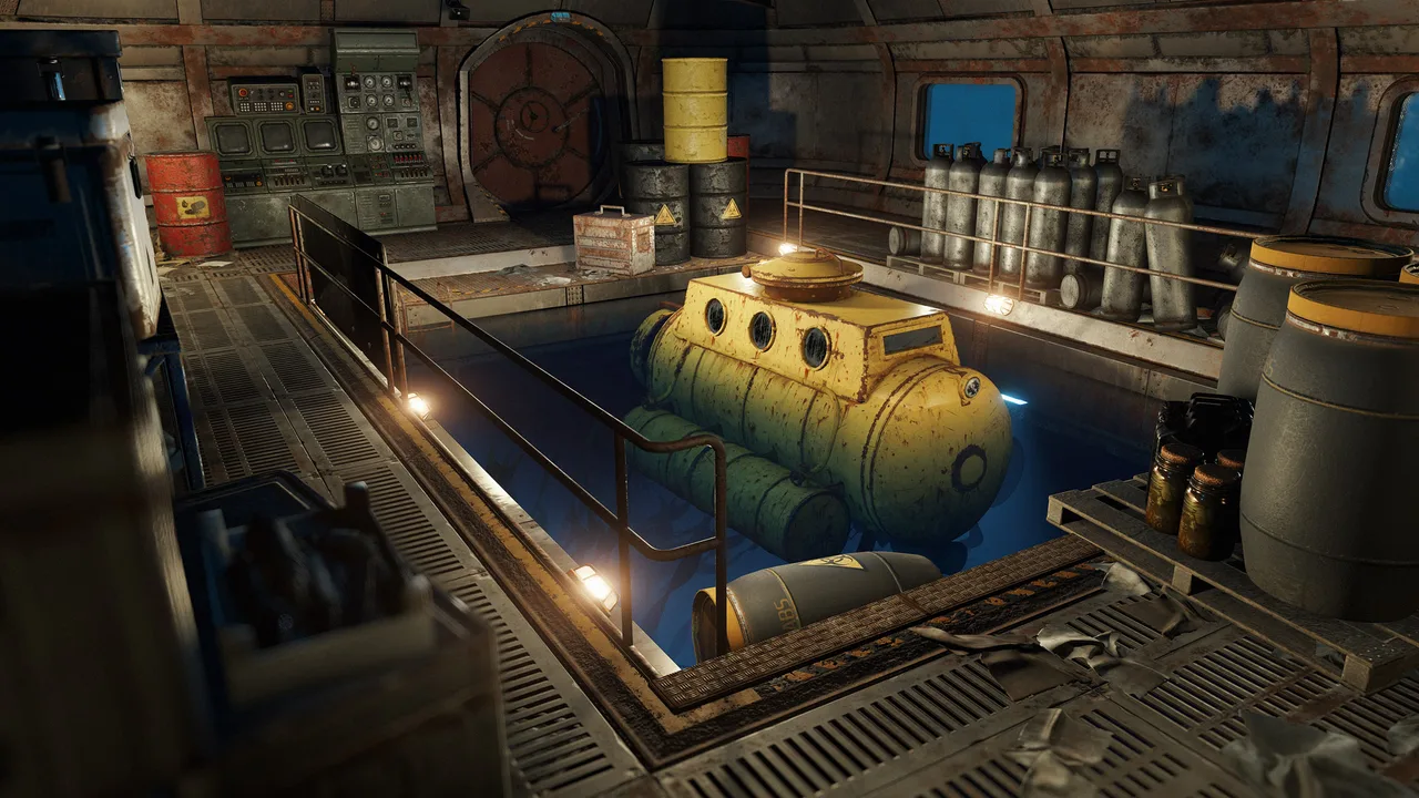 Мунпул внутри подводной лаборатории Rust: двухместная подлодка всплыла в бассейне освещённого ангара с лестницами