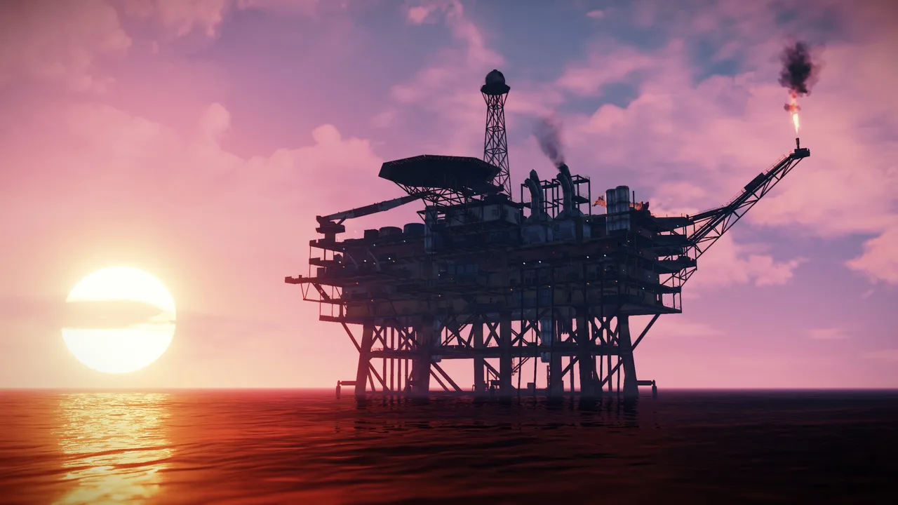 Нефтяная вышка Rust в открытом море на закате — монумент с элитными ящиками, откуда падают редкие прицелы и военный глушитель