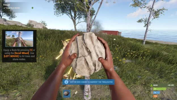 Первое задание обучающего острова Rust: игрок бьёт берёзу камнем, счётчик Forage Wood показывает 40 из 400