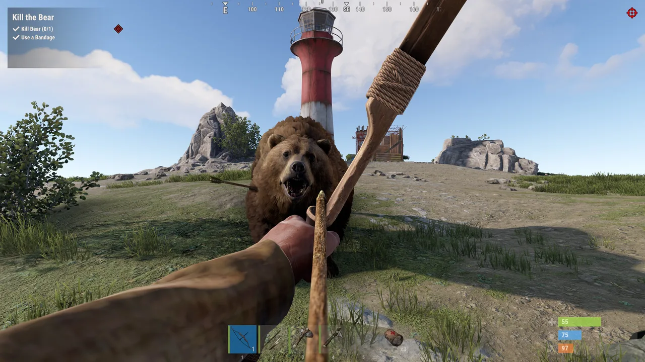 Задание Kill the Bear на обучающем острове Rust: медведь бежит на игрока с луком на фоне красно-белого маяка