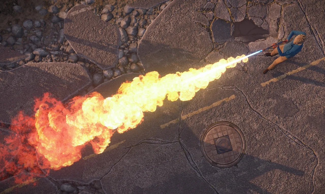 Вид сверху на игрока в Rust с огнемётом: длинная струя пламени тянется над асфальтом мимо люка канализации