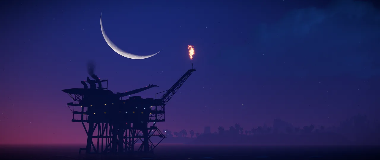 Силуэт нефтяной вышки в Rust ночью с горящим факелом на стреле крана и полумесяцем над океаном