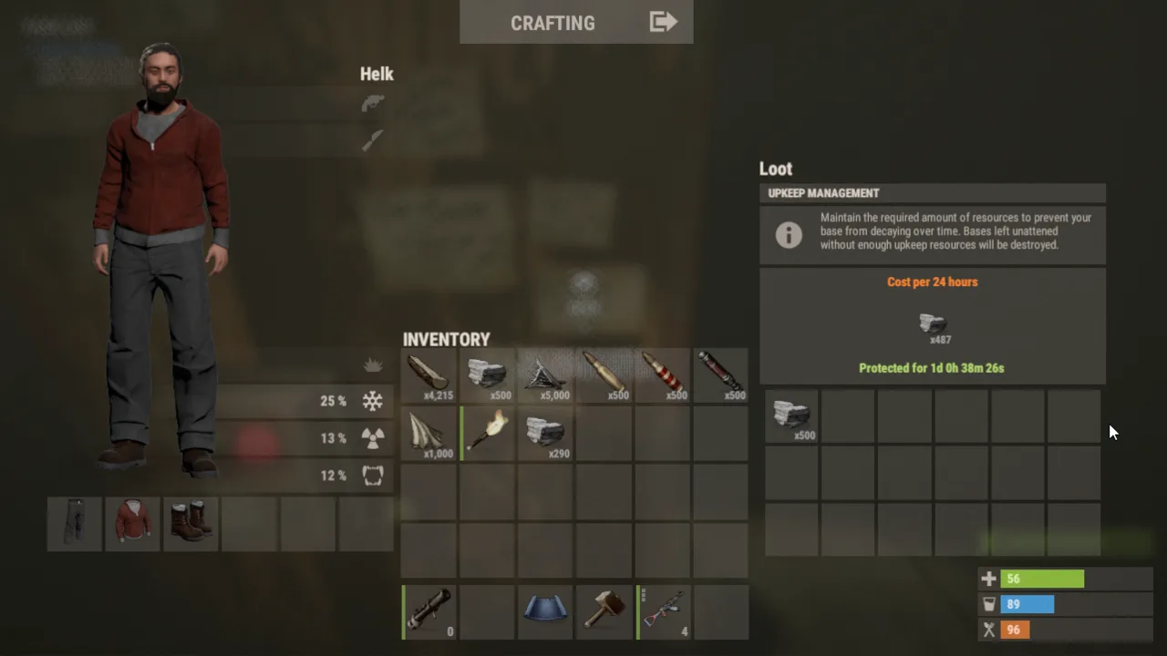Окно шкафа с инструментами в Rust: блок Upkeep Management, стоимость 487 камня за сутки и защита на 1 день 0 часов