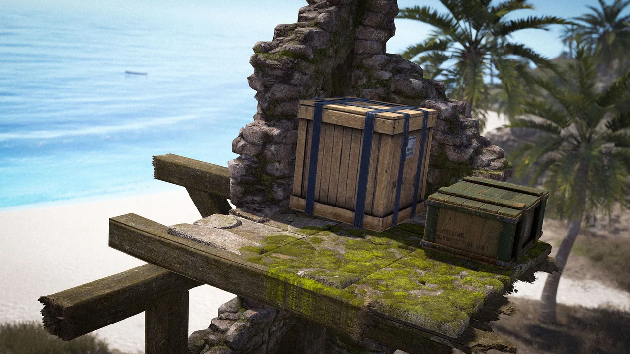 Деревянные ящики на замшелых руинах тропического острова в Rust с видом на пляж, пальмы и мелководье моря