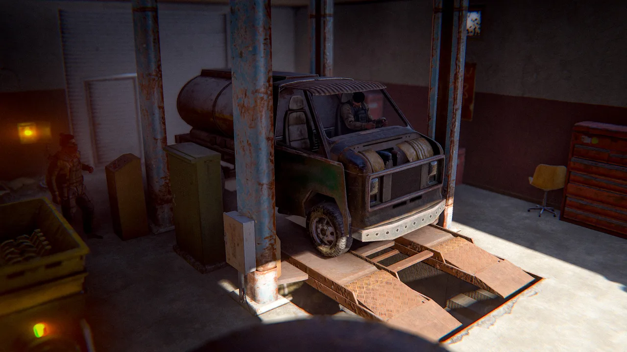Гараж бензоколонки в Rust: ржавый фургон заехал на автоподъёмник, сзади стоит цистерна танкер-модуля