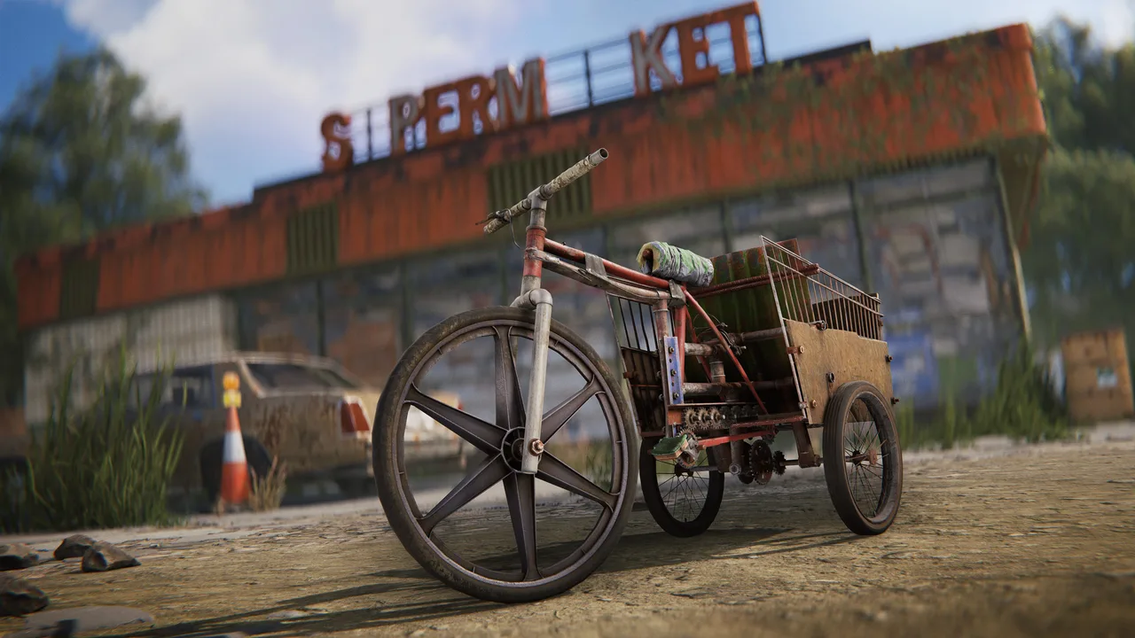 Педальный трайк в Rust с двумя игроками: водитель крутит педали, пассажир сидит сзади на открытой площадке