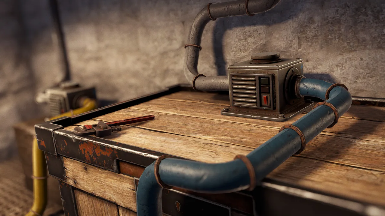 Переходник хранилища в Rust: серый блок с индикаторами на крышке деревянного ящика, к нему подходят синяя и серая промышленные трубы