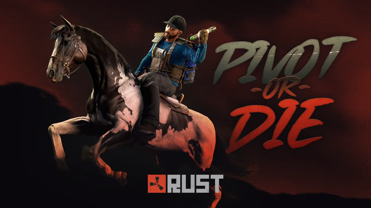Официальный арт обновления Rust Pivot or Die: всадник на пегой лошади со шприцем в руке на тёмно-красном фоне