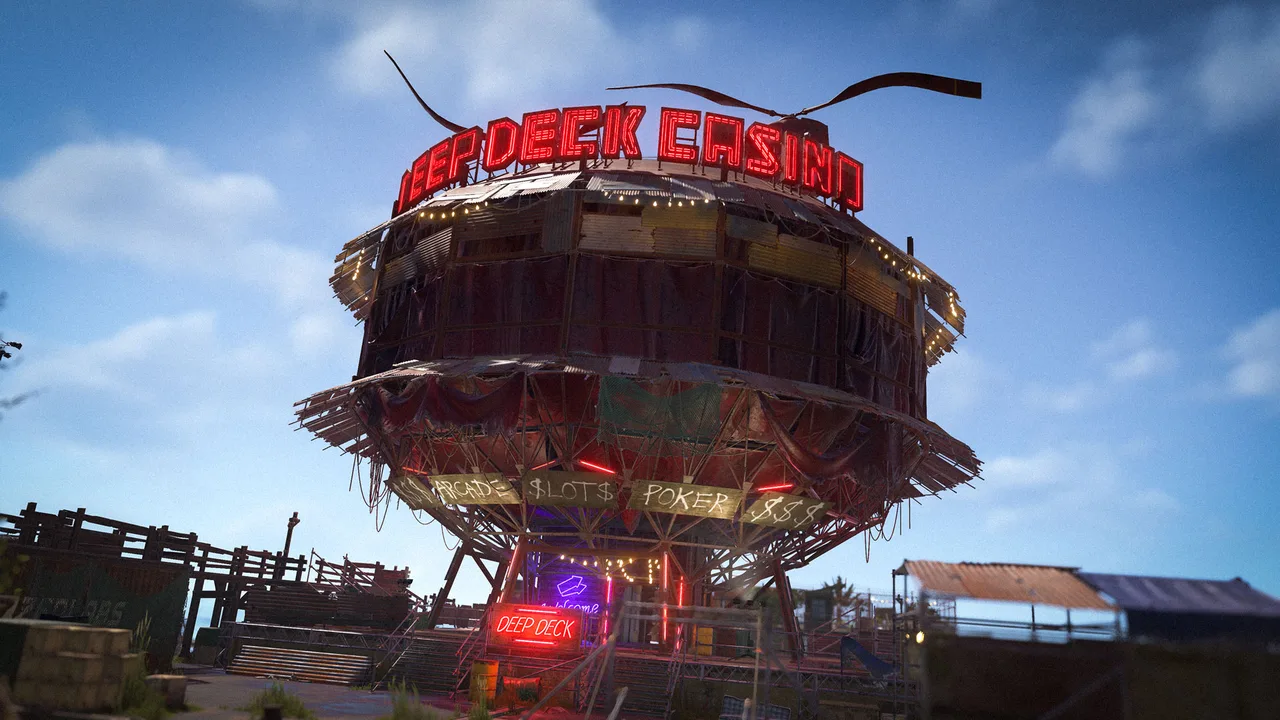 Казино Deep Deck в Плавучем городе Rust: круглое здание с красной неоновой вывеской и табличками Arcade, Slots, Poker